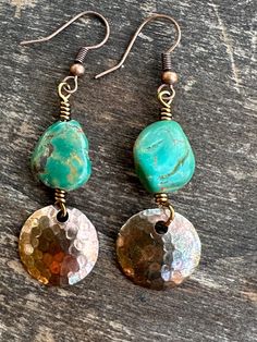 Cute Turquoise and hammered copper earrings. Green Hammered Bohemian Jewelry, Artisan Turquoise Metal Earrings, Turquoise Hammered Dangle Earrings, Turquoise Hammered Dangle Jewelry, Turquoise Artisan Electroformed Earrings, Hammered Copper Turquoise Jewelry, Turquoise Hammered Copper Jewelry, Rustic Turquoise Nickel-free Earrings, Rustic Turquoise Nickel Free Earrings