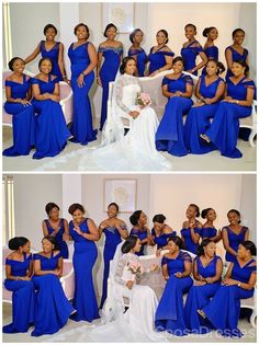 the bride and her bridal party pose for pictures in their blue dresses, with one woman wearing a wedding dress