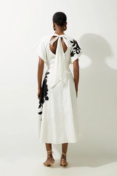 Linen Cotton Hand Embellished Bow Detail Midaxi Dress | Karen Millen Cotton A-line Dress With Tie Back, Beach Cotton Dress With Bow, Summer Cotton Dress With Bow Tie Back, Elegant Linen Tie Back Dress For Vacation, Elegant Floral Linen Dress, Elegant Linen Dress With Tie Back For Vacation, Spring Midi Dress With Bow For Daywear, Beach Cotton Dress With Bow Tie Back, Spring Bow Midi Dress For Daywear