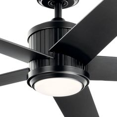 a ceiling fan that is black and has a light on it