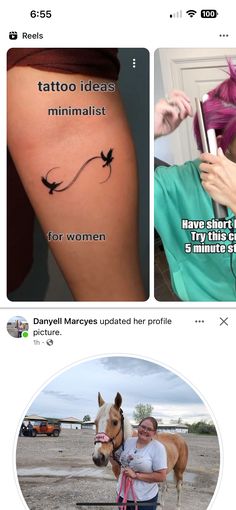 two pictures showing different types of tattoos on women's legs and the same person holding a horse