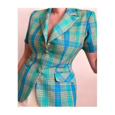 "Vintage 70s Checked Short Sleeve Blazer, Vintage Tailored to Fit Tartan Short Blazer, Vintage Green Blue Summer Jacket * Beautiful Vintage late 70s tailored to fit short sleeve summer blazer. Checked, tartan pattern in yellow, green and blue, Classic collar with decent V/neckline, two button front closure and two deep side pocket. Small shoulder pads. Classic yet playful vintage blazer jacket that pairs well with your favorite high waisted pants, denim or skirts. Best fits Size S-M depending on Classic Fitted Short Sleeve Blazer, Classic Fitted Single Breasted Top, Classic Fitted Single-breasted Top, Fitted Collared Blazer, Single Breasted Fitted Collared Top, Fitted Single Breasted Collared Top, Fitted Tops With Lapel Collar And Pockets, Classic Fitted Short Sleeve Outerwear, Fitted Short Sleeve Blazer With Button Closure