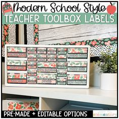 a teacher's toolbox label is displayed on a desk with the title modern school style teacher tool box labels