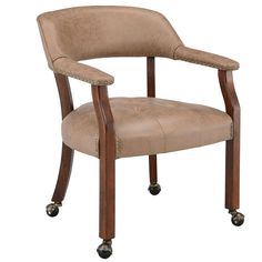 a brown chair with wheels on it