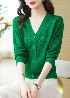 Loose Green V Neck Hollow Out Button Patchwork Knit Cardigans Fall Ada Fashion Mens Fashion Country, Patchwork Knit, Fall Cardigans, Cozy Coats, Trendy Jackets, Fall Fabric, Comfortable Room, Cardigan Tops, Boho Stil