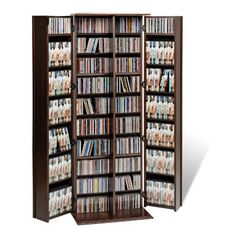 a tall bookcase with many dvds on it's sides and shelves full of them