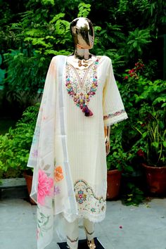 Off white floral  thread work  yoke design  embroidered Salwar Kameez Set/Kurta Palazzo Dupatta Set/ Indian Dress Women/ Plus Size Kurta Set   solid kurta with palazzos and dupatta Product Details White embroidered Kurta with Trousers with dupatta Kurta design:  * Floral embroidered * Straight shape * Regular style * Round neck, three-quarter regular sleeves * Na pockets thread work detail * Calf length length with scalloped hem * Pure cotton machine weave fabric Trousers design: * Embroidered T Cambric Palazzo Set With Dabka Work, Festive Cream Set With Floral Embroidery, Spring Embroidered Palazzo Set In Mulmul, Cream Anarkali With Floral Embroidery, Spring Embroidered Mulmul Palazzo Set, Cream Anarkali Set With Floral Embroidery For Diwali, Spring Chanderi Salwar Kameez With Embroidered Border, White Churidar With Floral Embroidery For Designer Wear, White Churidar With Floral Embroidery For Designer Occasions