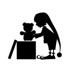 a silhouette of a girl holding a teddy bear over a box with scissors in it