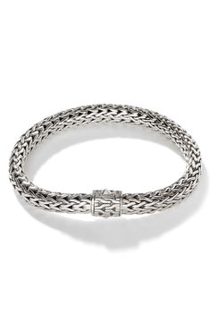 A single station adds subtle detail to a signature chain bracelet, hand woven from sterling silver. 7 1/4" length; 3/8" width Push-clasp closure Handcrafted Sterling silver Imported Classic Sterling Silver Box Chain Bracelet, Classic Round Chain Bracelet With Box Clasp, Classic Sterling Silver Bracelet With Box Clasp, Classic Round Sterling Silver Bracelet With Box Clasp, Bracelet In Silver, Summer Wardrobe Essentials, Wedding Guest Shoes, Woven Chain, Handcrafted Bracelets