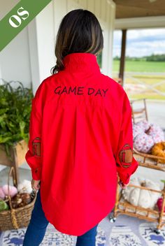 Cheer your team to victory in our Preppy Gameday Top! This button down top features fun football patches on the elbow, adding a touch of sporty charm to your outfit. Perfect for showing off your team spirit in a playful and stylish way!! You can choose to pop the collar for an ultra chic, preppy look or fold it down. Oversized fit One size fits most (fits sizes 4-14 best) Kristen is 5' 4" (a small-medium in tops and size 7/8 in bottoms) Team Colors Tops For Game Day, Team Spirit Tops For Game Day Sports Season, Varsity Team-colored Tops For Game Day, Varsity Tops For Game Day, Varsity Style Tops For Football Season Game Day, Varsity Style Tops For Game Day, Collegiate Tops For Football Game Day, Collegiate Tops For Football Season Game Day, Collegiate Tops For Game Day During Football Season