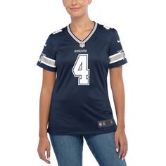 Prove you are the #1 fan of the Dallas Cowboys with this Dak Prescott Game team jersey from Nike! It features bold graphics and a tailored design that makes it easy to get the look of a tried and true Dallas Cowboys fan. You'll love paying homage to your favorite NFL squad in this top-notch jersey!Prove you are the #1 fan of the Dallas Cowboys with this Dak Prescott Game team jersey from Nike! It features bold graphics and a tailored design that makes it easy to get the look of a tried and true Blue Jersey For Game Day, Fan Apparel, Blue Fan Apparel Jersey For Game Day, Navy Jersey For Sports Events, Blue Fan Jersey For Game Day, Casual Blue Jersey For Fan Gear, Blue Jersey With Team Logo For Fans, Collegiate Football Season Jersey, Blue Sporty Jersey For Fan Gear, Blue Crew Neck Jersey For Fan Gear