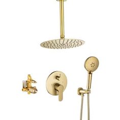 an image of a shower head and handset with thermostaer in gold