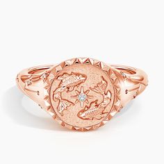 Pisces Zodiac Diamond Signet Ring - 14K Rose Gold. An embossed duo of two fish and a starlike diamond empower this signet and its wearer with the characteristics of the Zodiac water sign Pisces - empathetic, artistic, generous. 
 
 An impression in the symbolic shape of the Pisces sign is carved into the textured back side of the signet itself, while a shimmering constellation is formed with diamonds along either side of the design. 

Sol is a collection that invites you to embrace your inner li Signet Ring Shapes, Signant Ring, Signet Rings Women Vintage, Signet Wedding Ring, Pisces Ring, Custom Signet Ring, Signet Rings Women, Ring Stacks, Diamond Signet Ring