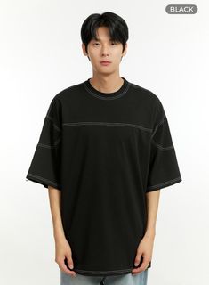 Product Detail Style : Street Occasion : Back to school Type : Men, TShirts Detail : Stitch Print : Solid Material : Cotton Sleeve : Short sleeve Neck : Round neck Fit : Oversize fit Cotton100 Color : White, Black Made in Korea Model Size Model is wearing size M/L and the color White. Height : 6'0" | 184cm / Top : L / Bottom : XL (32 inch) .prddescription table, .prddescription td, .prddescription th { border : 1px solid black; border-collapse : collapse; padding: 10px; } Size(Inch) Size Shoulde Black Oversized Sporty T-shirt, Casual Half Sleeve T-shirt With Letter Print, Cotton Half Sleeve T-shirt With Letter Print, Black Half Sleeve T-shirt With Letter Print, Relaxed Fit Half Sleeve T-shirt With Letter Print, Black Half Sleeve Shirt For Streetwear, Black Half Sleeve T-shirt For Streetwear, Summer Crew Neck Top With Contrast Stitching, Black Drop Shoulder Sporty T-shirt