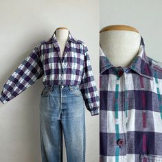 "90s women's flannel cotton check long sleeve shirt. really cute details include pleating, full sleeve and oversized front pocket. i have \"80s\" in the title because it looks more 80s to me. the weave of the plaid is so cool!  listing is for shirt only approx. size: m label size: m (please compare measurements with something similar to estimate fit) 100% cotton armpit to armpit (doubled): 43\" shoulders seam to seam: 20\" sleeve length: 23\" length (from middle of shoulder): 25\" condition: there is a teeny tiny faded spot on the lower front and some fuzziness / piling. otherwise, excellent." 80s Flannel Outfit, Plaid Relaxed Fit Shirt For Fall, Relaxed Fit Plaid Top With Pockets, Relaxed Fit Plaid Shirt For Fall, Spring Plaid Tops With Pockets, Spring Long Sleeve Relaxed Fit Flannel Shirt, Plaid Long Sleeve Relaxed Fit Tops, Plaid Long Sleeve Tops With Relaxed Fit, Oversized Flannel Tops With Pockets