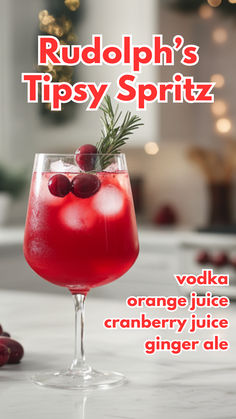 Rudolph’s Tipsy Spritz Recipe Alcoholic Drink Christmas, Rudolph’s Night In Cocktail, Drinks With Cranberry Ginger Ale, Cute Christmas Drinks Alcohol, Rudolph Spritzer Cocktail, Rudolph Tipsy Punch, Holiday Drinks With Titos, Christmas Holiday Punch With Alcohol, Tipsy Rudolph Cocktail