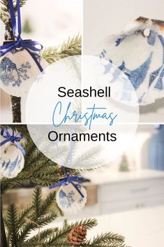 christmas ornaments hanging from a tree with blue and white designs on them, the words seashell christmas ornaments ornaments