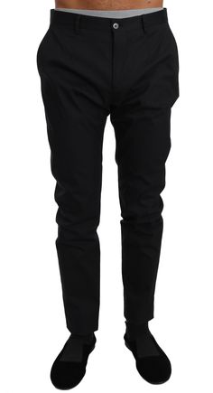 Dolce & Gabbana Black Cotton Stretch Formal Trousers Pants - Ellie Belle Fitted Cropped Leg Pants With Button Closure, Elegant Black Pants With Five Pockets, Cropped Leg Workwear Pants With Button Zip Fly, Cropped Work Pants With Button Zip Fly, Cropped Leg Pants With Button Zip Fly For Workwear, Formal Trousers, Stretch Dress Pants, Formal Pants, Cap Mens