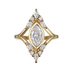 a yellow gold ring with an oval cut diamond surrounded by smaller round diamonds on each side