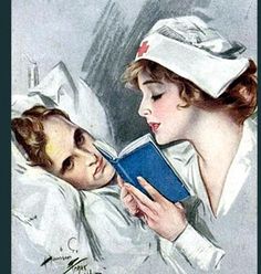 two women in nurses'hats are looking at an open book with the caption