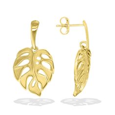 14K Yellow Gold Monstera Dangle Earrings. The Monstera Leaf measures approximately 3/4" in length. Tarnish-resistant Yellow Gold Dangle Earrings, Yellow Gold Sterling Silver Dangle Earrings, Yellow Gold Dangle Earrings With Polished Finish, 14k Gold Hallmarked Drop Earrings, 14k Yellow Gold Drop Earrings, Fine Jewels, Monstera Leaf, Dangle Earrings, Yellow Gold