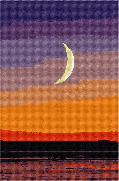 a cross stitch pattern with the moon in the sky and water at sunset behind it