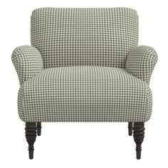 a green and white checkered chair with dark wood legs on an isolated white background