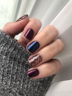 Fall Nails Blue Grey, Dark Color Nails Design Ideas, Copper And Teal Nails, Fall Dip Manicure Ideas, Fall Nails Dip Powder Colors, Late November Nails, Pedicure Nails Ideas, Jewel Tone Nail Designs, Fall Cruise Nails