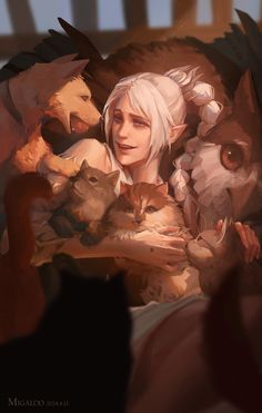 a woman with white hair holding cats in her arms