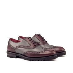 Also known as a wingtip, the Full Brogue is easily identifiable as one of the most classic pairs of dress shoes on the market. Featuring a brogue pattern along the sides as well as the toe cap, everyone needs a Full Brogue in their shoe closet. Details: Materials: burgundy painted calf + grey painted calf Lining: red calf leather Sole: commando sole The Fine Print: Shoe production timeline can vary from 30-40 days from the date of order. All shoes are handmade, small tinny changes or imperfectio Business Wingtip Oxfords With Goodyear Welt, Business Wingtip Oxford With Leather Sole, Business Wingtip Oxford Shoes With Goodyear Welt, Business Wingtip Oxfords With Rubber Sole, Classic Oxfords With Brogue Detailing For Galas, Classic Brogue Oxfords For Galas, Oxford Wingtip Dress Shoes With Perforated Toe Box, Wingtip Lace-up Shoes With Rubber Sole For Galas, Luxury Wingtip Oxford Leather Shoes