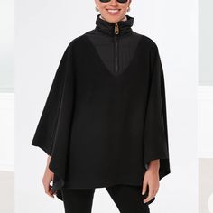 Perfect For The Days You Crave To Be Cozy But Still Desire A Put Together Look- The High-Neck Poncho Is The Best Of Both Worlds. This Throw-On-And-Go Piece Features A Sleek Quilted High Neck That Can Be Zipped Up For Cooler Days To Keep You Warm Or Unzipped And Folded For When You Need A Bit More Ventilation And A Roomier Fit. With An Oversized Silhouette That Is Perfect For Seasonal Layering, This Sleek Number Pairs Perfectly With Pants And Denim As Well As Over Dresses For An Extra Pop To Your Black Cape Poncho For Work, Black Workwear Poncho Cape, Black Cape For Workwear, Black Cape For Work, Chic Black Poncho For Layering, Black Outerwear With Batwing Sleeves For Layering, Black Batwing Sleeve Outerwear For Layering, Chic Black Cape Poncho, Oversized Black Cape For Layering