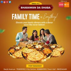 the advertisement for dharavan da dhab family time is displayed on an orange background