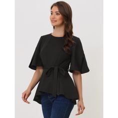 This blouse features a belt-tie design that is both timeless and fashionable, making it perfect for any casual occasion. This split-sleeve design creates easy layering, making it perfect for being paired with your favorite pants or skirts. This crew-neck peplum blouse delivers a classic and edgy look that never goes out of style. This fashion and versatile design is suitable for business and going out. Wear this women's ruffle blouse to complete a fresh look in daily life, whether you're looking Belt Knots, Women Ruffle Blouse, Split Sleeve, Belt Tie, Tie Design, Women's Blouses, Peplum Blouse, Chic Outfit, Edgy Look