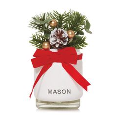 a white bottle with red ribbon and pine cones in it that says mason on the front