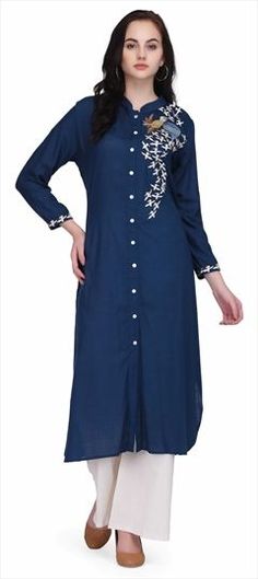 Blue color Tunic with Bottom in Rayon fabric with Embroidered, Resham, Thread work Blue Straight Kurta With Embroidered Border, Blue Kurta With Printed Motifs For Spring, Blue Straight Kurta Dresses For Spring, Blue Resham Embroidered Kurta For Spring, Blue Kurta With Resham Embroidery For Spring, Blue Floral Embroidery Straight Kurta Dress, Blue Straight Kurta Dress With Embroidered Border, Blue Kurta With Intricate Embroidery For Spring, Blue Embroidered Kurta For Spring