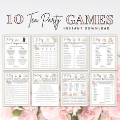 the 10 tea party games are on display with pink flowers