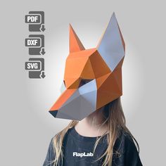 a girl wearing an origami fox mask with the text, paperlab on it