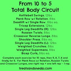 a green poster with the words from 10 to 5 total body circuit