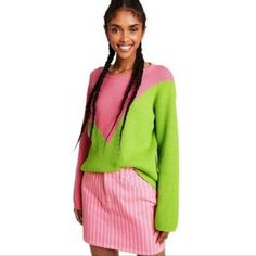 Victor Glemaud X Target Hot Pink And Lime Green Retro Knit Sweater With Crew Neck Cotton / Nylon/ Wool Blend Size Xs New With Tags Victor Glemaud, Neon Sweater, Pink Denim Skirt, White Striped Skirt, Long Sleeve Jumper, Pink Crewneck, Oversized Knitted Sweaters, Womens Crewneck, Pink Skirt