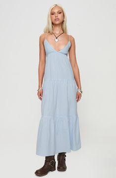 This charming maxi dress is cut from lightweight cotton and fashioned with an open, strappy back and flowy tiers. Adjustable back tie closure V-neck Spaghetti straps Lined 100% cotton Machine wash, line dry Imported Summer Tiered Maxi Dress With Tie Back, Cotton V-neck Sundress Maxi Dress, Cotton Maxi Sundress With Adjustable Straps, Cotton Maxi Dress With Adjustable Straps For Brunch, Flowy Cotton Maxi Dress With Adjustable Straps, Tiered Cotton Sundress With Adjustable Straps, Casual Backless Maxi Dress With Adjustable Straps, Cotton Maxi Dress With Spaghetti Straps For Brunch, Summer Backless Maxi Dress With Adjustable Straps