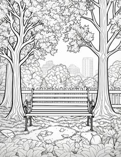 a drawing of a park bench in the middle of trees