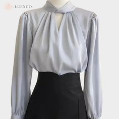 Luexco Prim Chic French Satin Long Sleeved Top Blue Front Shirt Women Design, Satin Long Sleeve Top, Winter Bottoms, Women Chiffon Blouse, Solid Color Outfits, Long Sleeve Fashion, Women Design, Stunning Tops, Casual Rompers