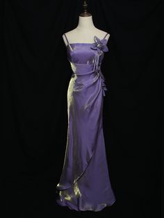 Step into timeless elegance with our Purple Vintage Floral Embellished Sheath Gown. This stunning evening dress features delicate spaghetti straps and is adorned with exquisite floral embellishments at the bodice, adding a touch of romantic charm. The rich purple hue exudes sophistication, making it the perfect choice for any formal event.  Garment Size   	 		 			Size 			S 			M 			L 			XL 		 		 			Bust 			82 			86 			90 			94 		 		 			Waist 			66 			70 			74 			78 		 		 			Hips 			88 			92 			96 Purple Dress Evening, Orchid Prom Dresses, Simple Long Purple Dress, Purple And Black Masquerade Dress, Purple Empire Waist Dress, Short Vintage Dresses, Purple Greek Goddess Dress, Enchanted Forest Prom Dresses Blue, Vintage Prom Dresses 90s Purple