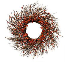 a wreath with red berries hanging from it's center and brown branches around it