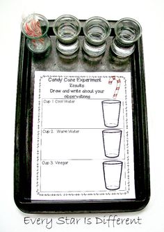 a tray with glasses and candy canes on it that says candy cane experiment draw and write about your drinking water