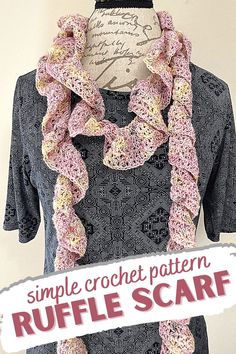 a crochet pattern ruffle scarf on a mannequin