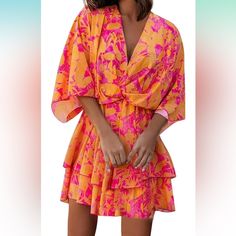 Pink & Orange V-Neck Flowy Dress. Brand New Still In Original Packaging, But It’s From Amazon So It Doesn’t Come With Tags. Pink Floral Print V-neck Dress For Summer, Chic Pink V-neck Dress For Vacation, Tropical V-neck Party Dress, Pink V-neck Beach Dress For Summer, Pink Summer Dress With Surplice Neckline, Pink Short Sleeve V-neck Dress For Beach, Pink Mini Dress With Surplice Neckline For Brunch, Pink Short Sleeve V-neck Dress For Vacation, Chic Pink Floral Print V-neck Dress