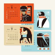 three calendars with animals on them and numbers in the middle one for each month