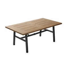 a wooden table with metal legs and a square top on an isolated white background,