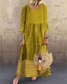 Crew Neck Women Summer Dresses Shift Beach Casual Dresses Western Dresses Online, Neck Women, Langer Rock, Beach Casual, Plus Size Maxi, Vintage Maxi Dress, Plus Size Maxi Dresses, Long Sleeve Maxi, Woven Dress